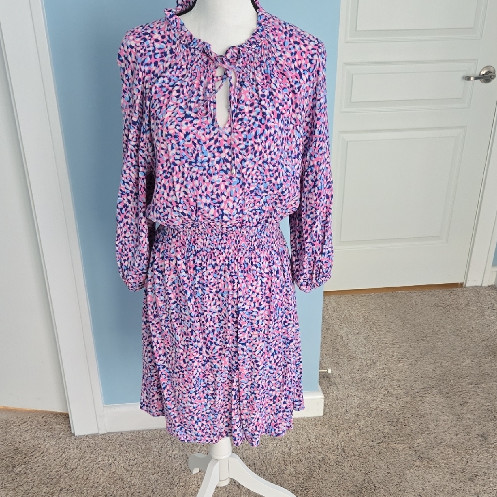 Phase Eight Pink and Blue Patterned Dress Peasant Sleeves Elastic Waist  10 Y2k